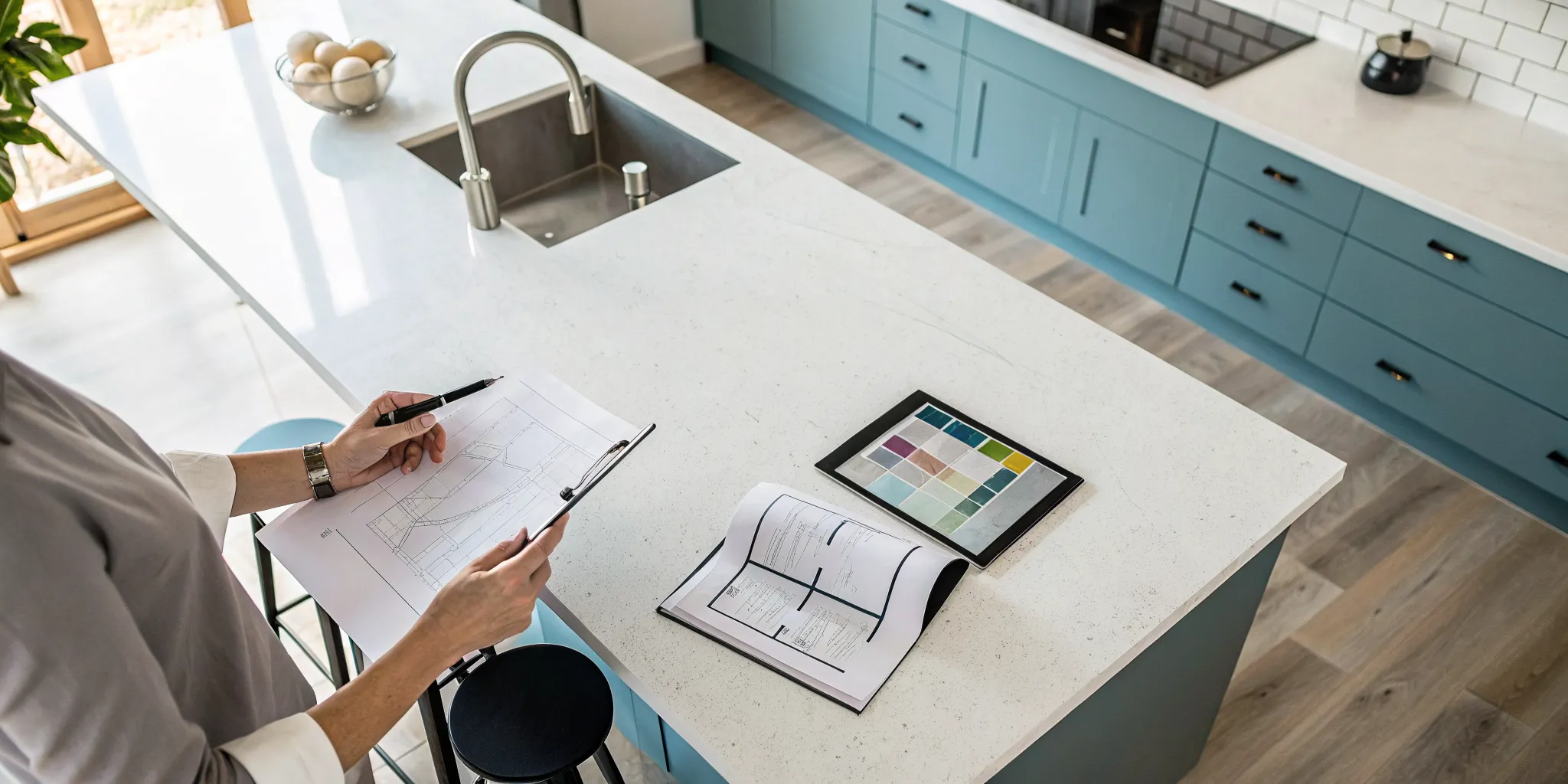 A homeowner reviews a kitchen remodel quote with material samples on a countertop.