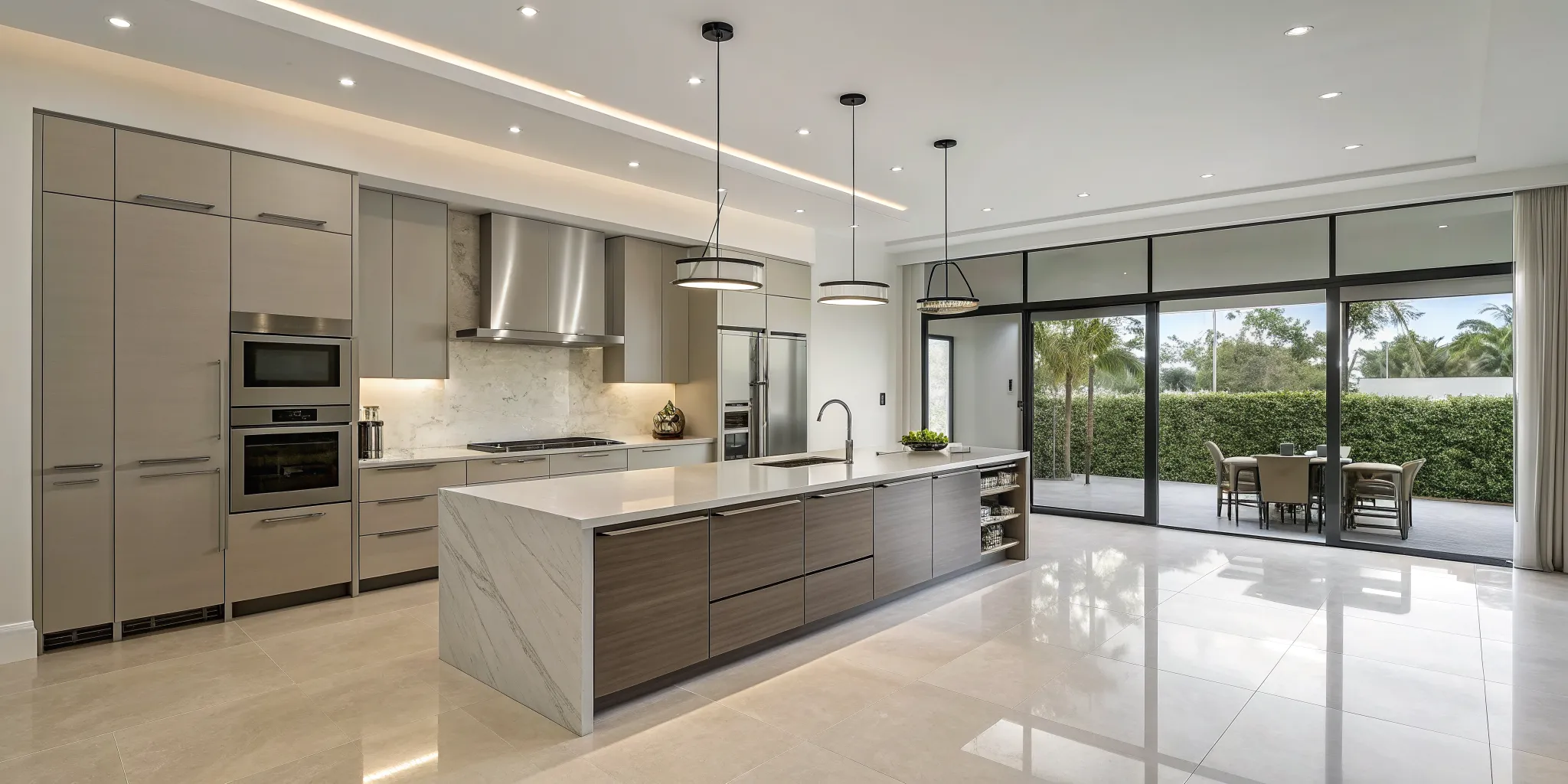 A modern kitchen design build project with a large island, sleek cabinetry, and built-in appliances.