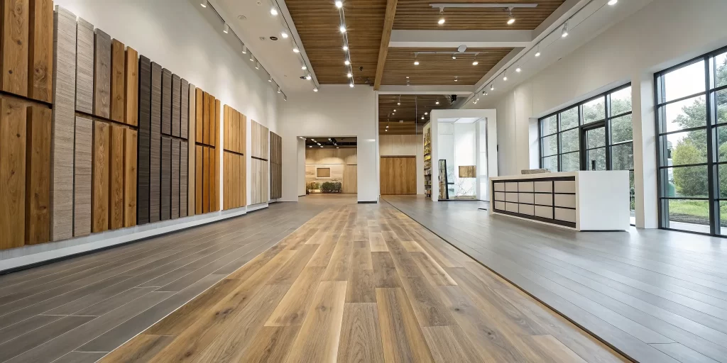 Laminate and hardwood flooring samples compared side-by-side in a showroom.