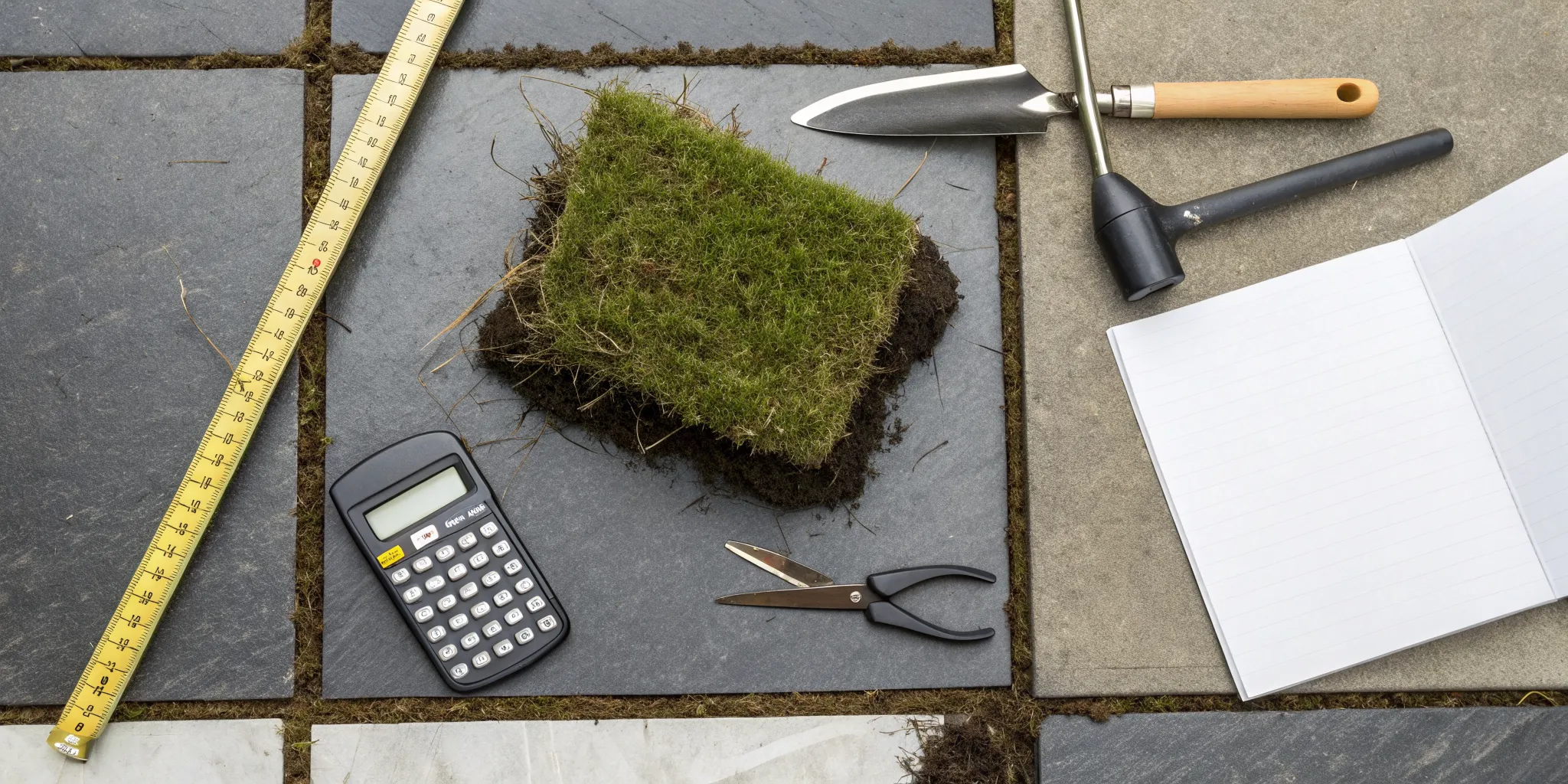 A roll of sod next to a calculator and tools for estimating sod installation cost.