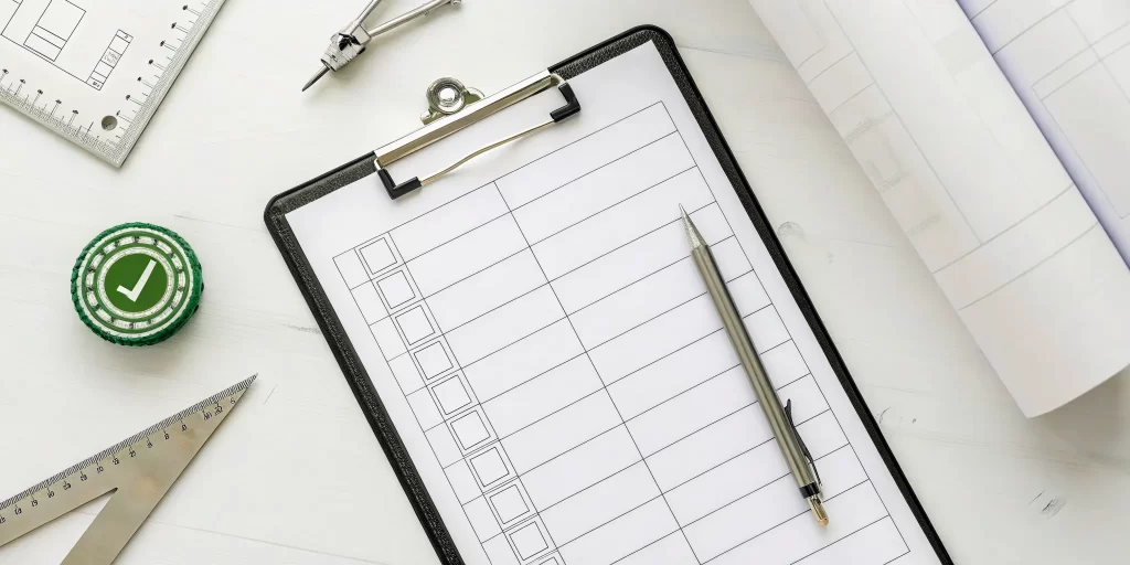 A bathroom remodel permit checklist on a desk with architectural plans.