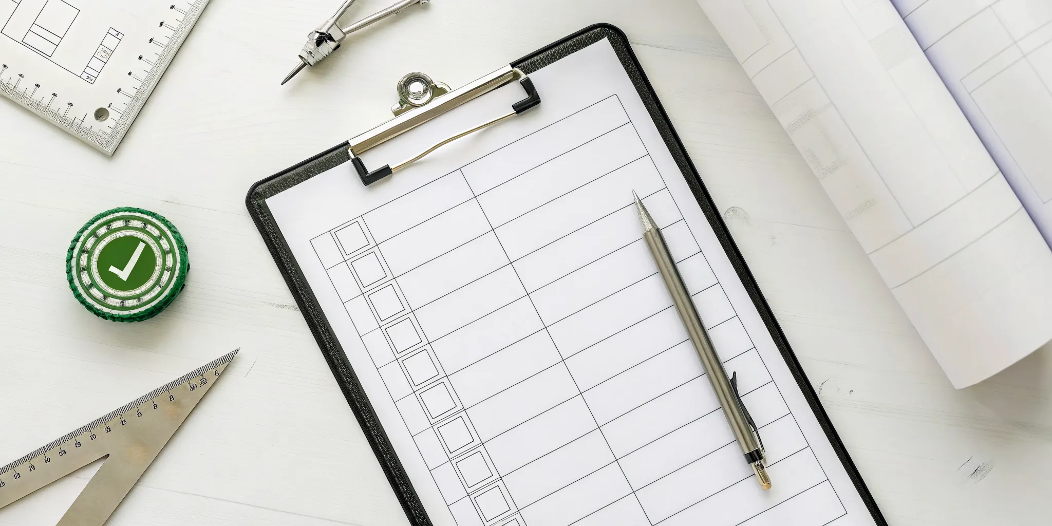 A bathroom remodel permit checklist on a desk with architectural plans.