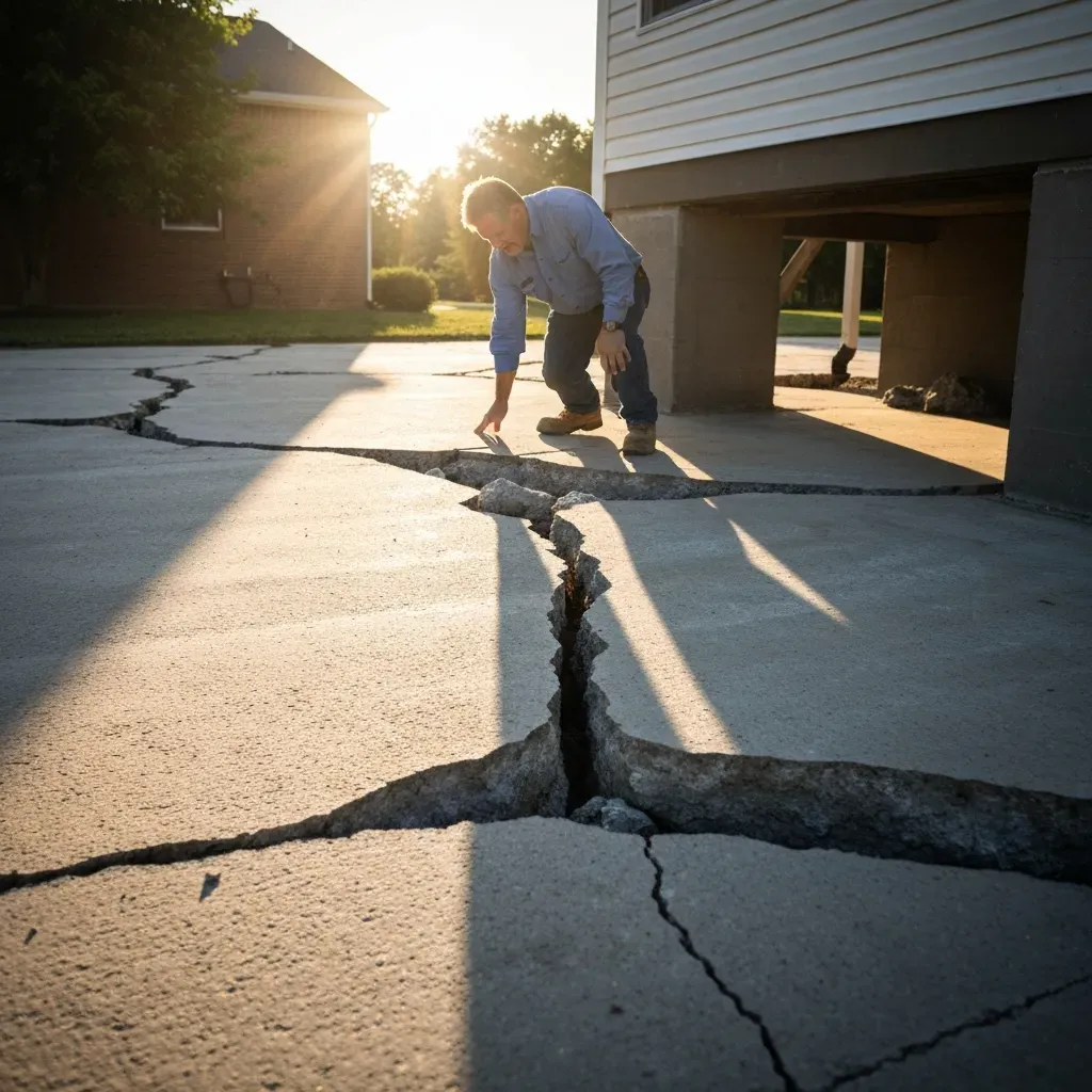 Foundation contractor inspecting a cracked concrete foundation wall during a Bay Area foundation repair assessment