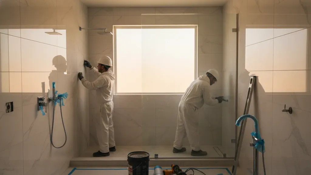 Bay Area bathroom remodel in progress showing marble tile installation and modern chrome fixtures
