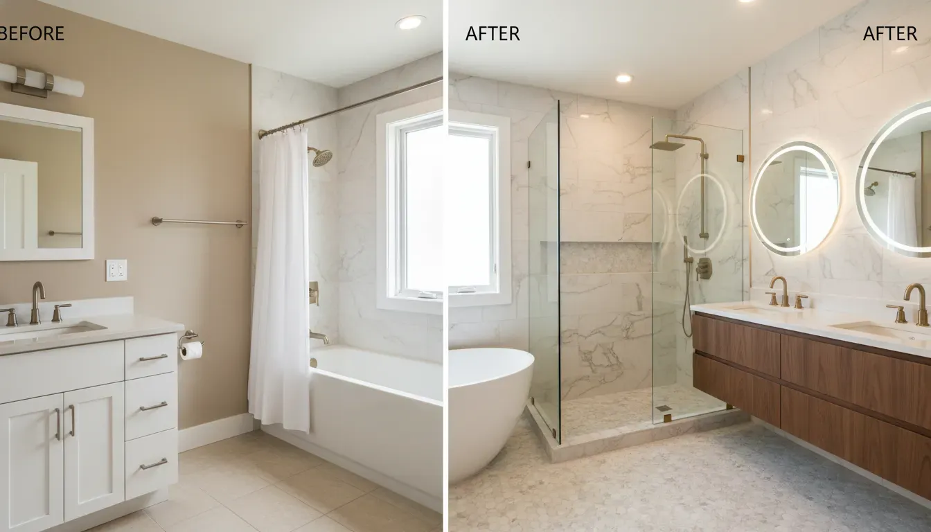 Bay Area bathroom remodel comparison showing cosmetic refresh versus full luxury gut renovation