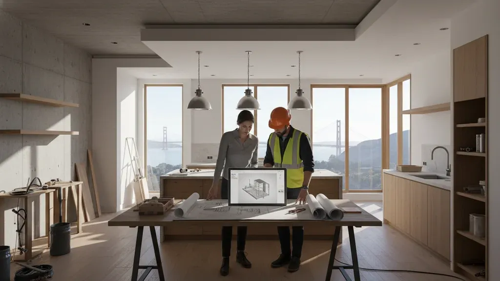 Contractor and homeowner reviewing 3D design plans for a Bay Area home remodeling project