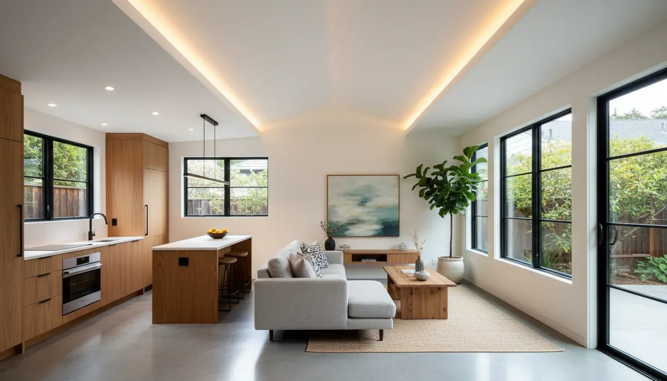 Bay Area garage conversion into a modern living space with polished concrete floors and natural light