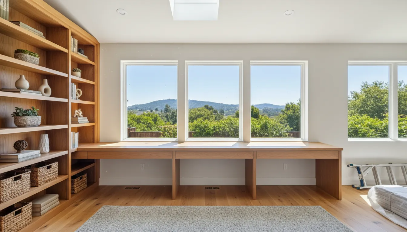 Bright Bay Area home office addition with built-in desk