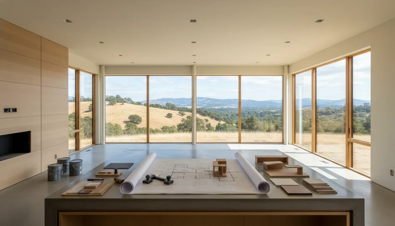 Bay Area home renovation with blueprints and construction planning materials in a modern open-concept space