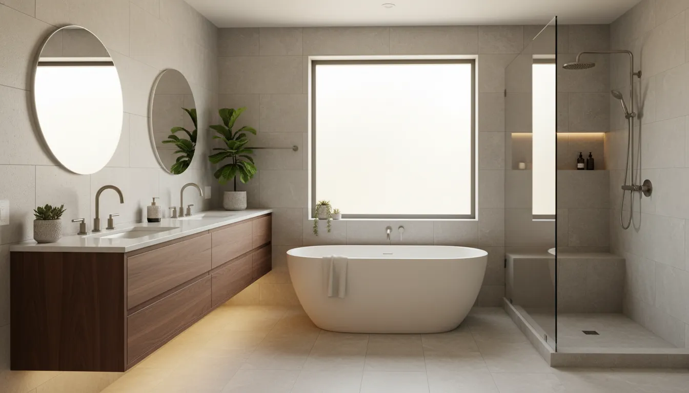 Luxury bathroom renovation Bay Area primary suite with stone tile and floating vanity