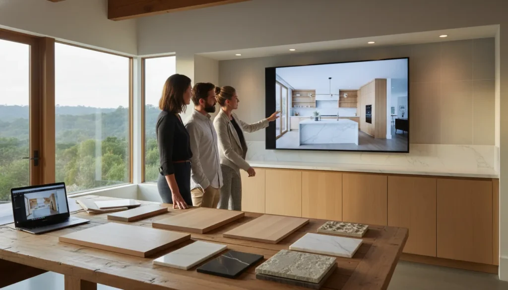 Bay Area homeowners reviewing 3D design for home remodeling before construction