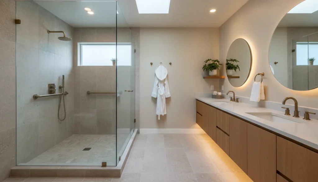 Elegant accessible bathroom remodel with a curbless shower
