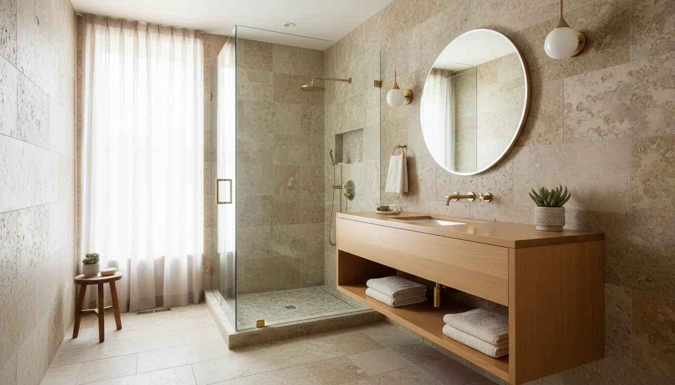 Modern Bay Area bathroom remodel with a wood vanity, stone tile, and glass shower