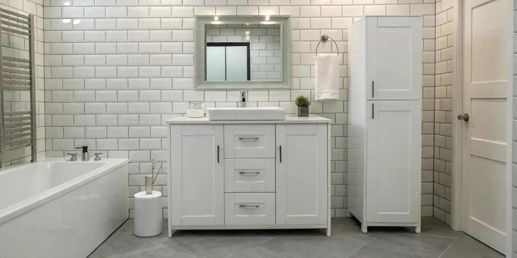 A modern white bathroom vanity replacement, a key factor in the total project cost.