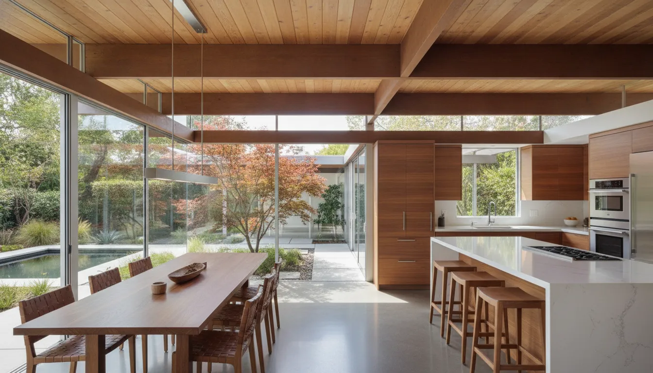 Renovated Bay Area Eichler interior with post-and-beam details