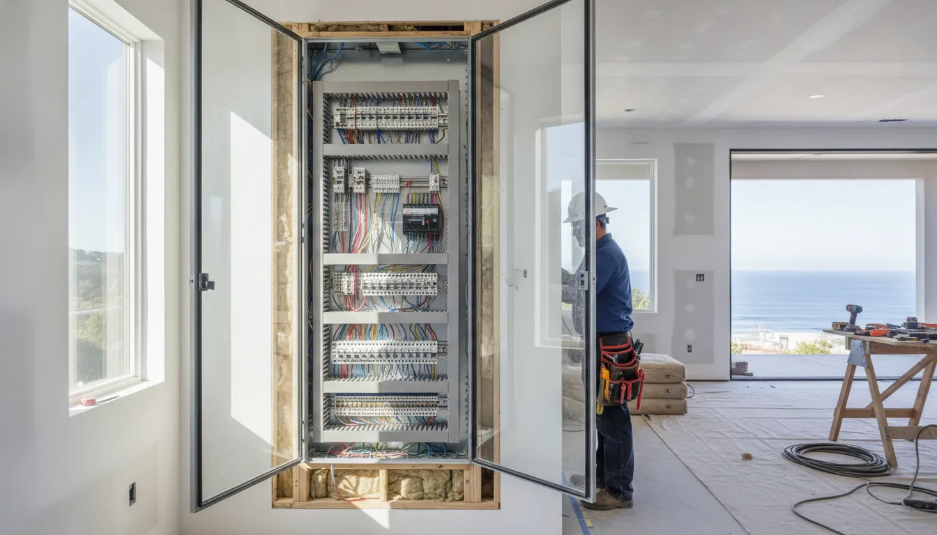 Electrician inspecting a modern electrical panel during a Bay Area remodel