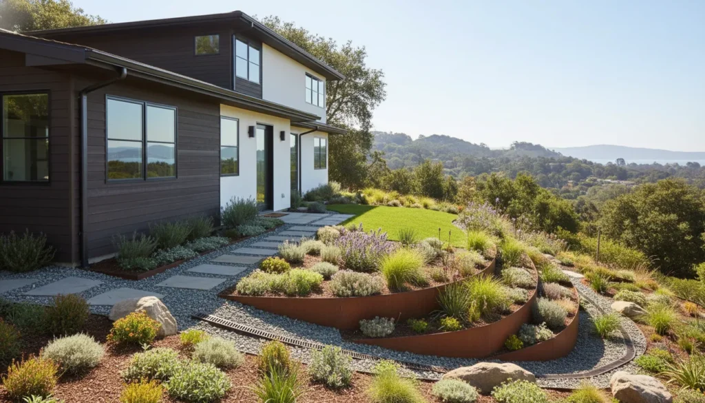 Bay Area remodeled home with gutters, graded landscaping, and foundation drainage