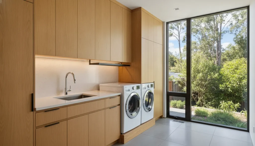 Modern Bay Area laundry room addition with custom cabinetry