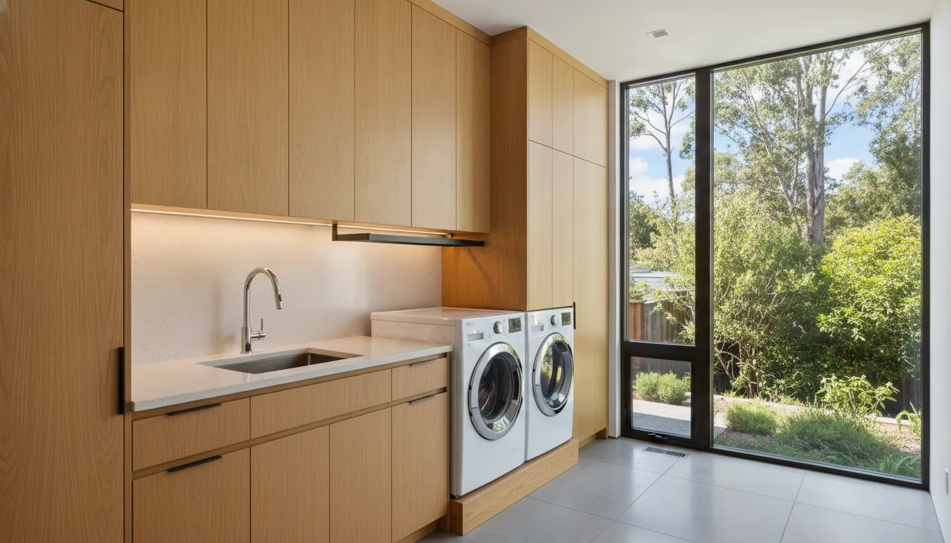 Modern Bay Area laundry room addition with custom cabinetry