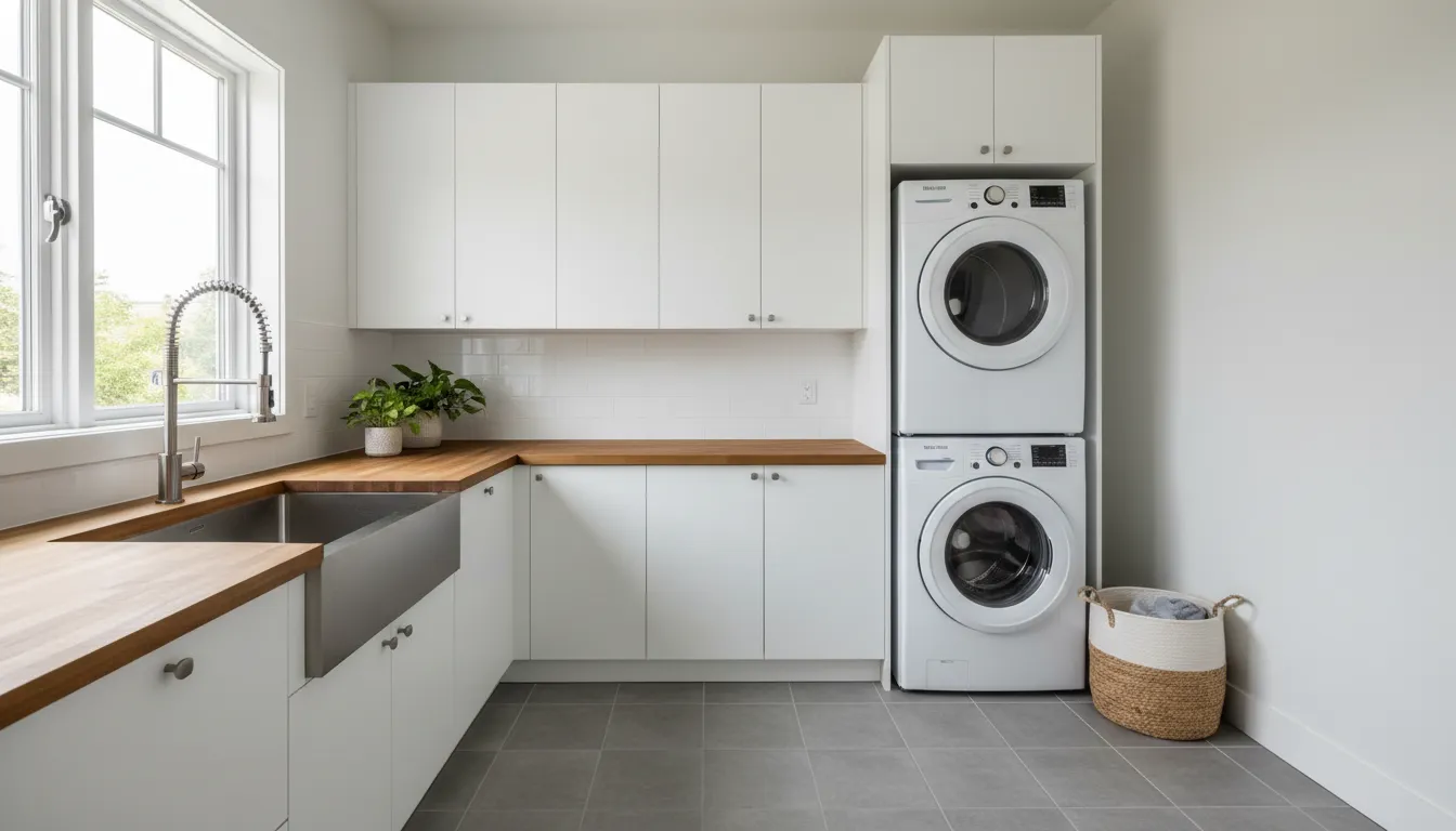 Modern laundry room remodel with cabinets, folding counter and utility sink