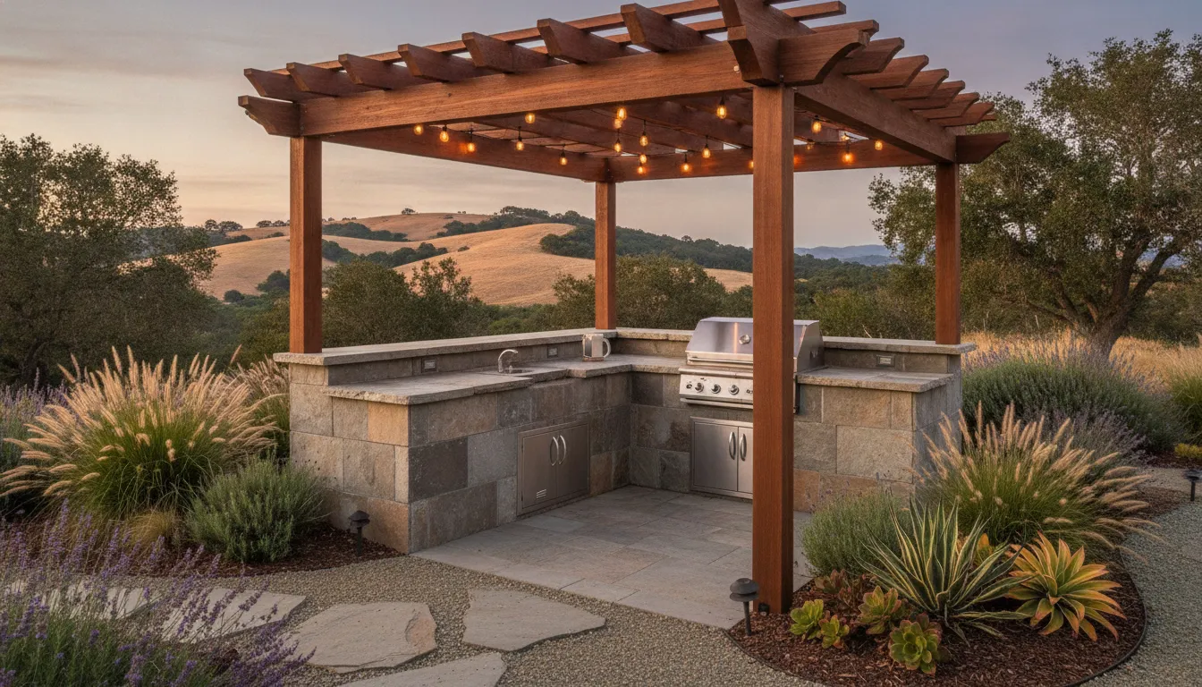 Bay Area outdoor kitchen with stone counters and pergola