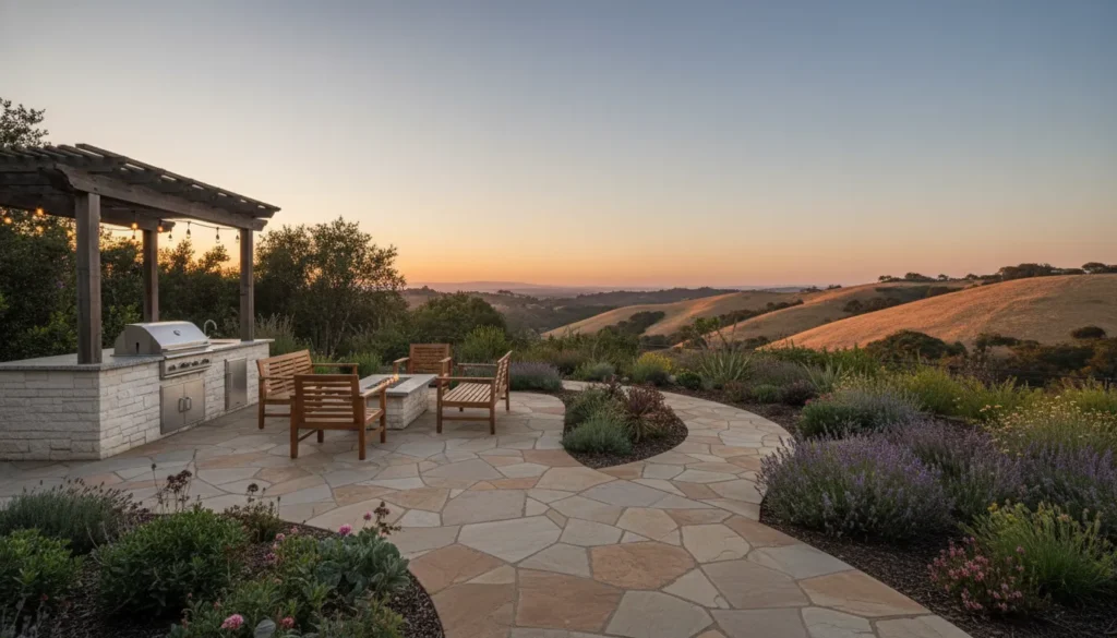 Outdoor living remodel Bay Area patio with paving and outdoor kitchen