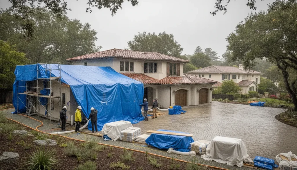 Protected Bay Area home remodeling site during light rain