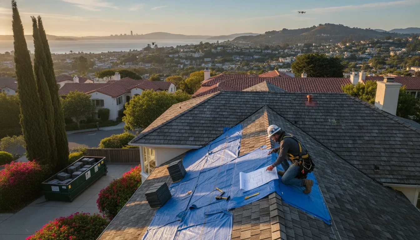 Roofing professional reviewing plans at a Bay Area home