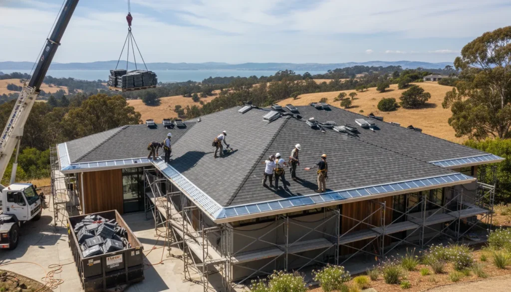 Roofing crew installing roof ventilation on a Bay Area home
