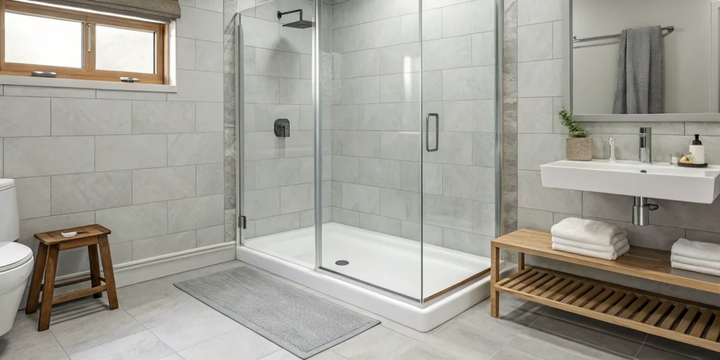 A new shower pan installed in a tiled bathroom, a key part of the installation cost.