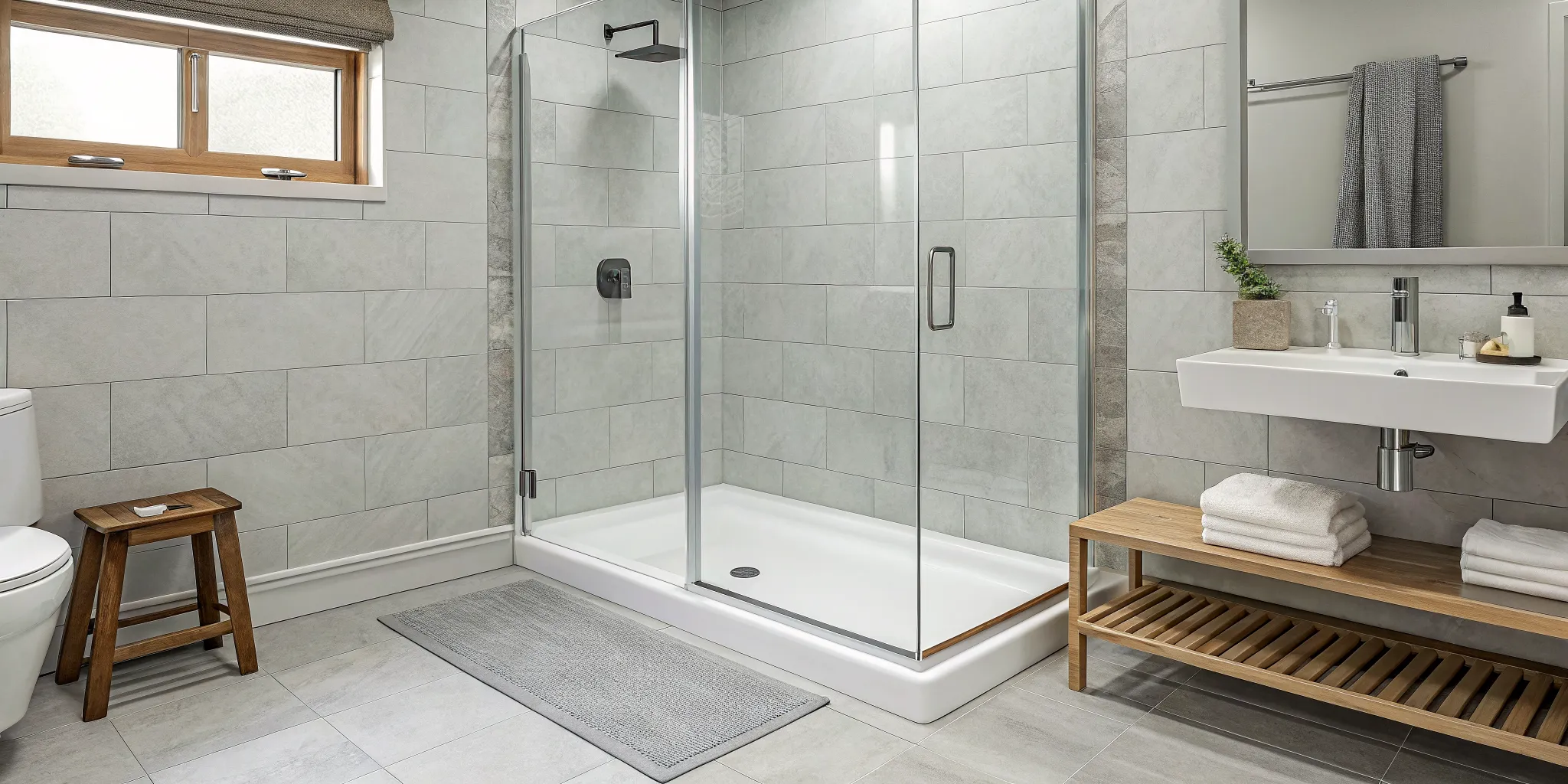 A new shower pan installed in a tiled bathroom, a key part of the installation cost.