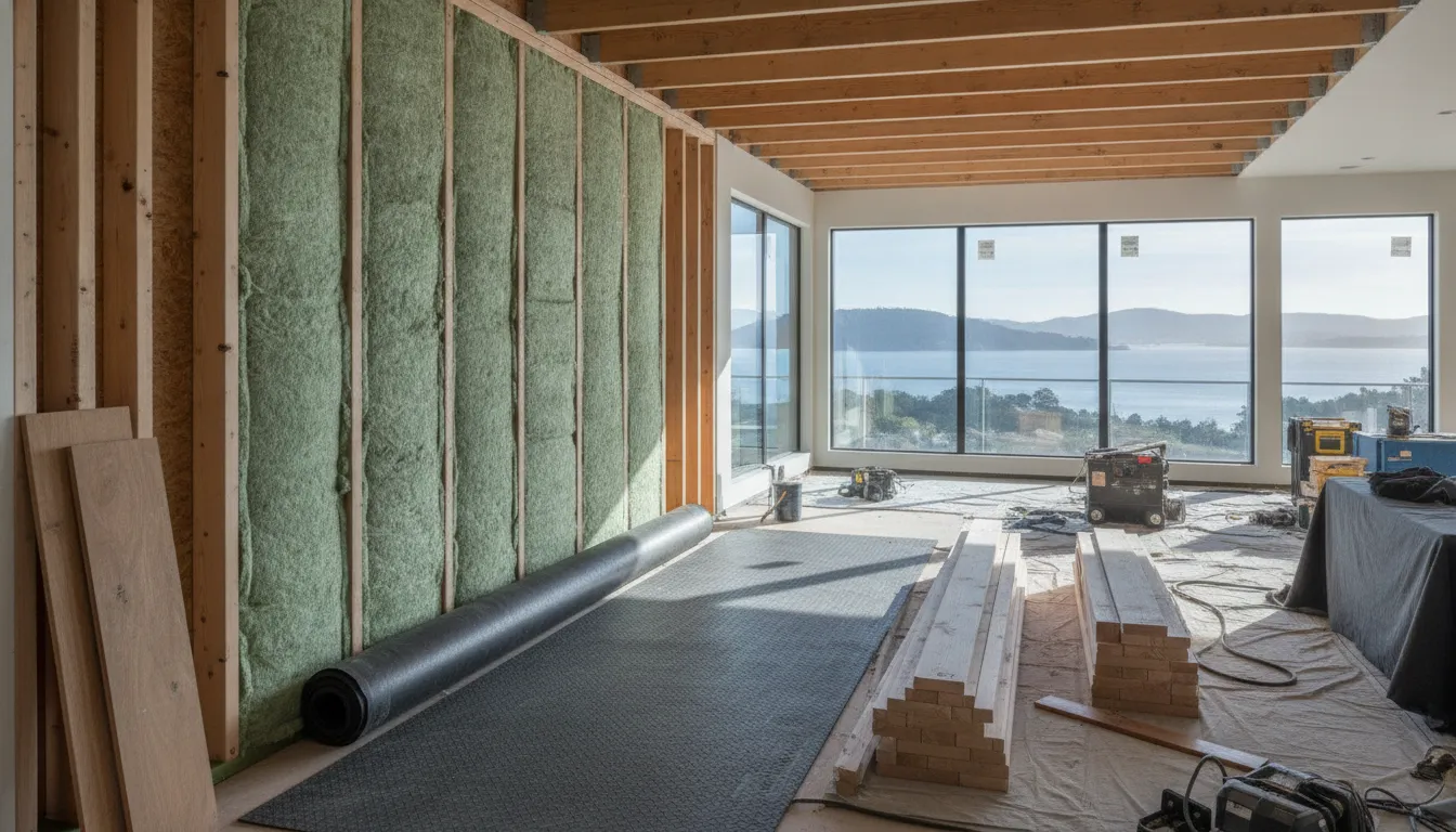 Open wall framing with acoustic insulation during a Bay Area home remodel