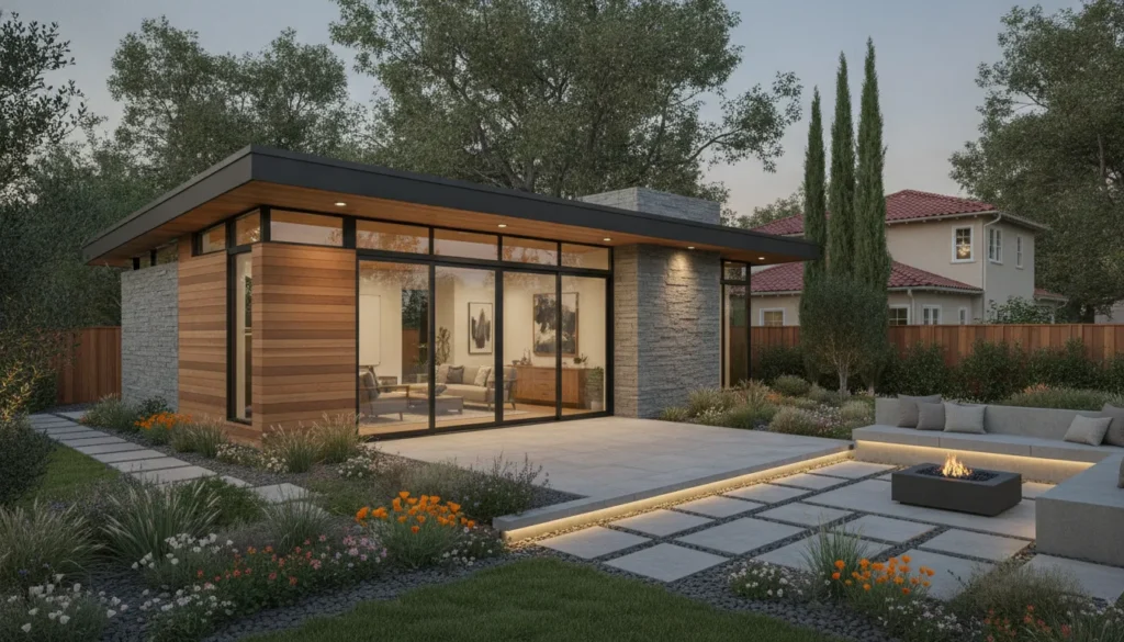 Modern ADU with glass doors and landscaped patio in a Contra Costa backyard