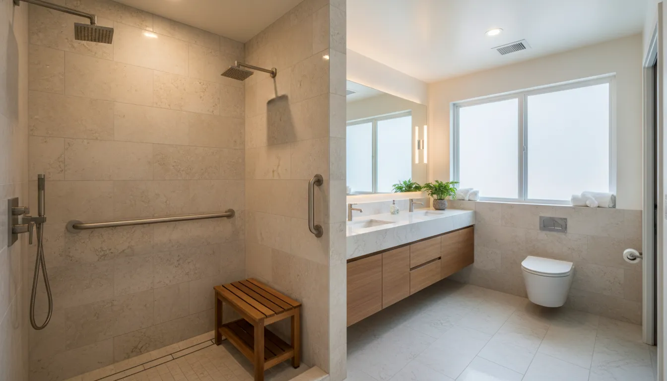 Luxury aging-in-place bathroom with curbless walk-in shower, teak bench, and natural stone tile