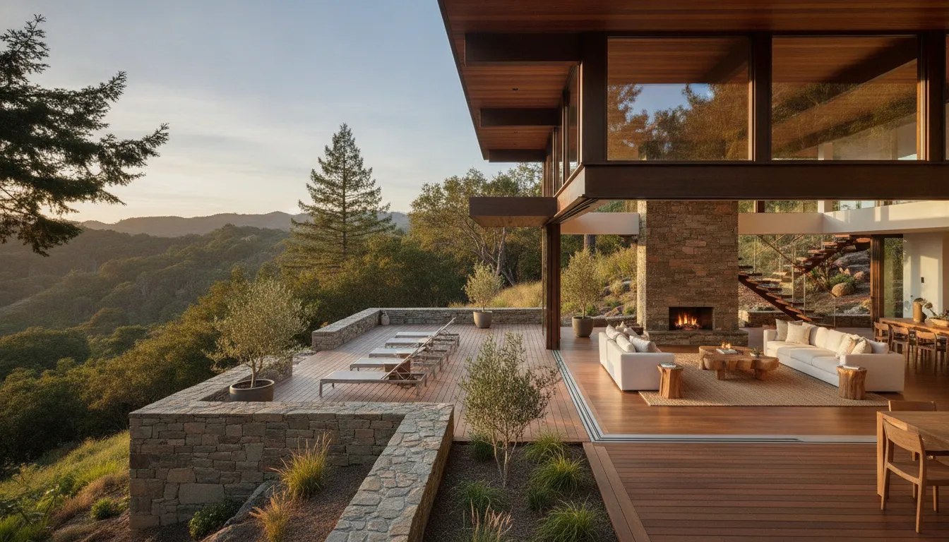 Modern Bay Area hillside home with expansive glass walls opening to a redwood deck, natural stone and wood finishes, indoor-outdoor living space