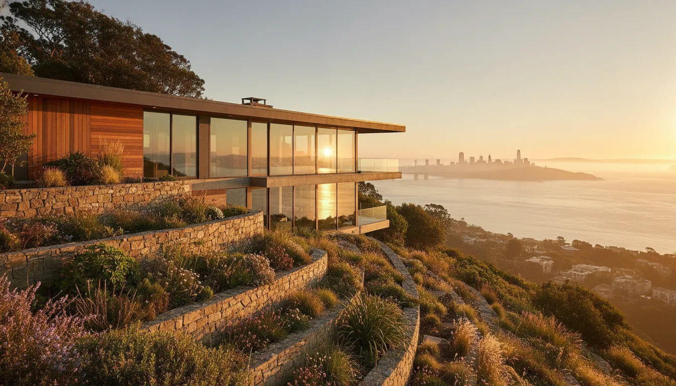 Contemporary custom home built into a hillside with sweeping bay views
