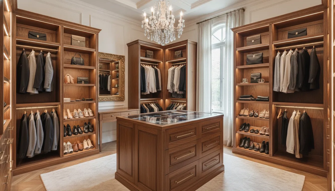 Luxury custom walk-in closet with warm wood shelving and built-in storage systems