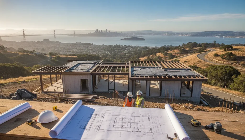 Modern custom home under construction on an East Bay hillside lot with Bay Area views and architectural blueprints