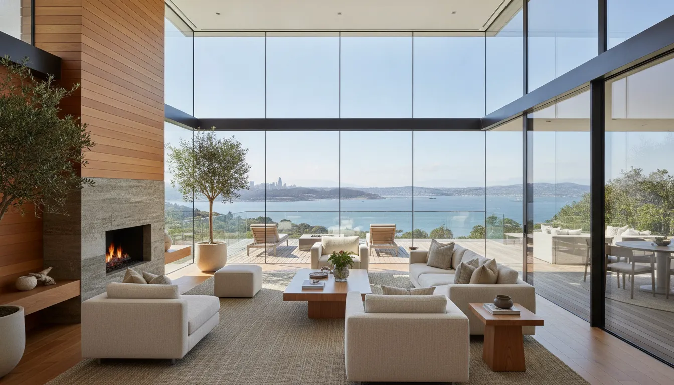 Modern family room and sunroom addition with large glass window walls overlooking a Bay Area hillside