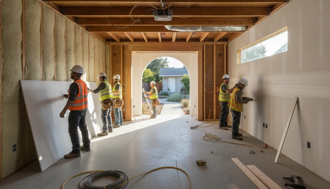 Garage conversion construction project showing a garage being transformed into a living space in the Bay Area