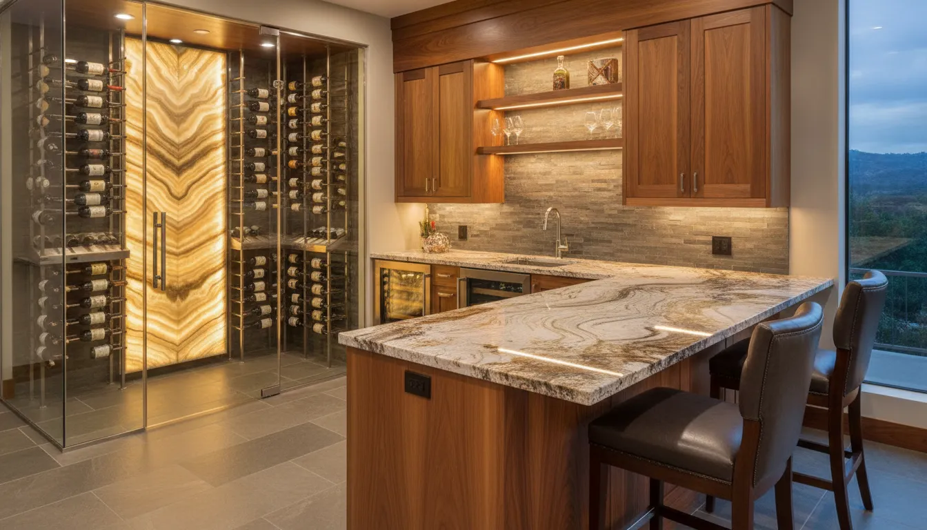 Luxury custom home bar and wine cellar design with warm lighting and wood cabinetry