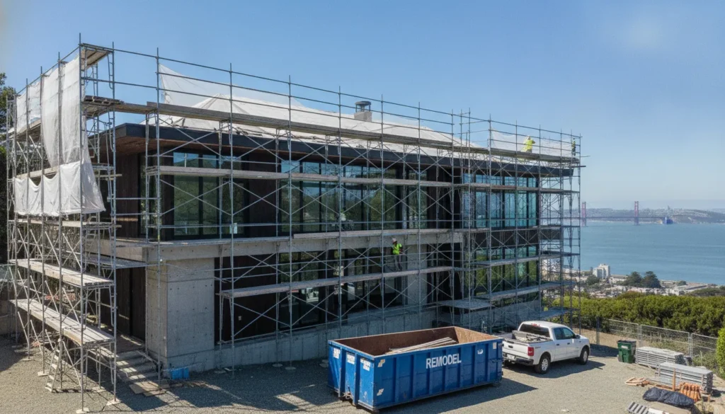 Scaffolding on a modern home under remodeling in the Bay Area
