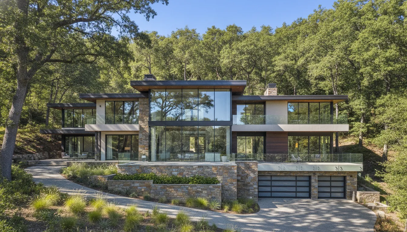 Luxury custom home exterior in Lafayette California with premium stone and wood siding