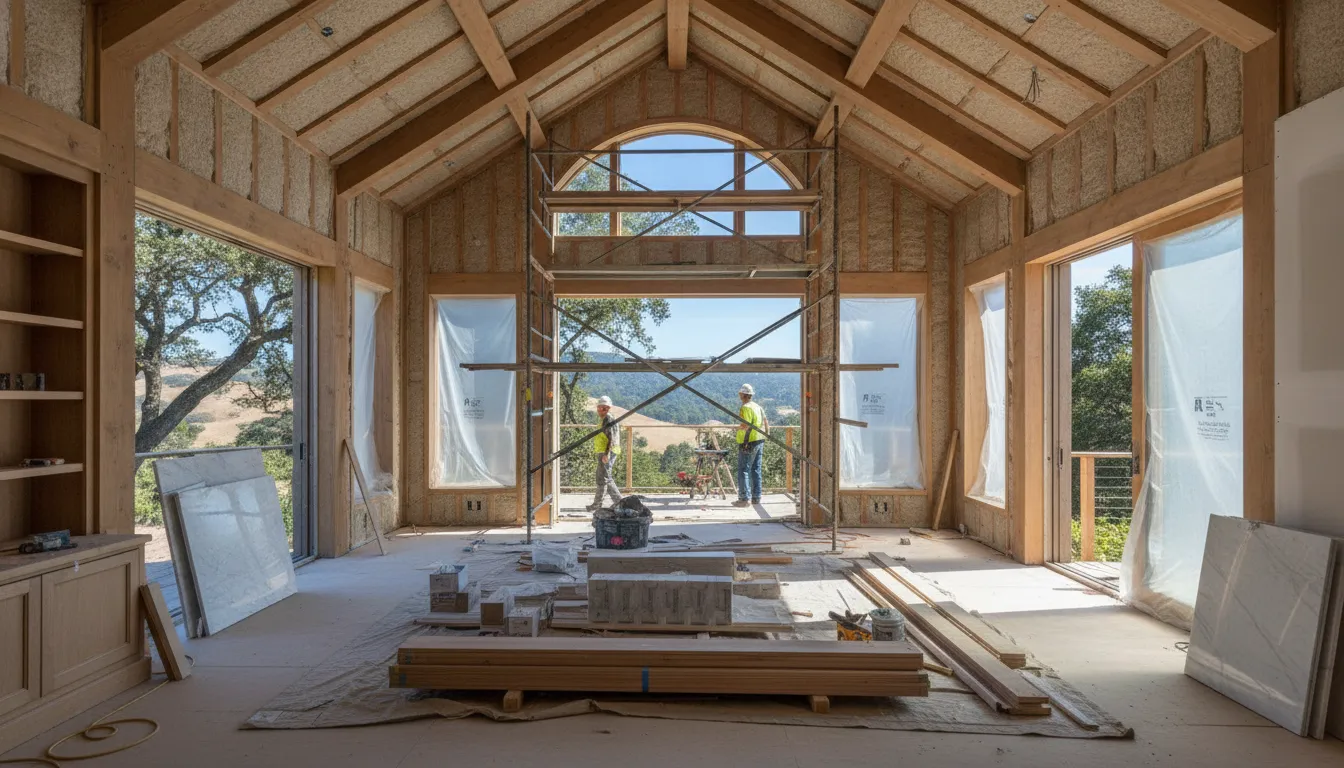 Spacious master suite addition under construction in a Bay Area hillside home with vaulted ceiling and large windows overlooking oak trees