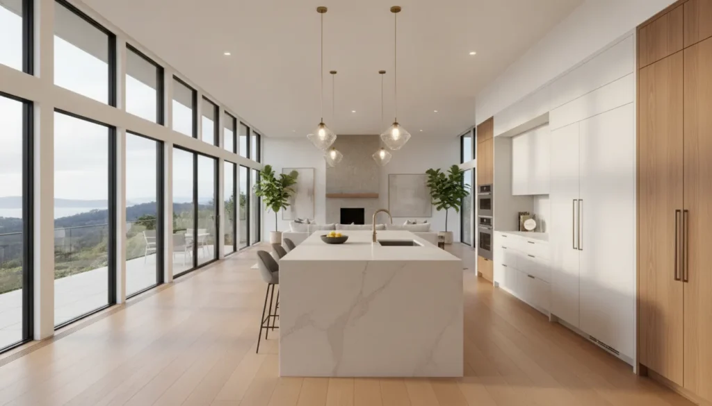Bright modern open-concept kitchen with large island and seamless flow into living area