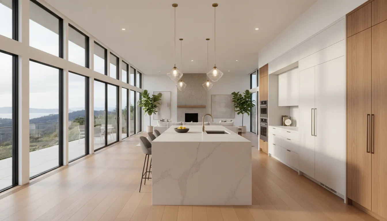 Bright modern open-concept kitchen with large island and seamless flow into living area