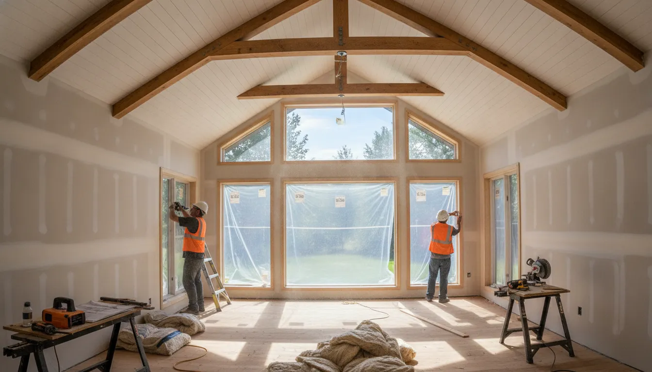 Bright modern room addition under construction with large windows and vaulted ceiling, Bay Area hills visible outside