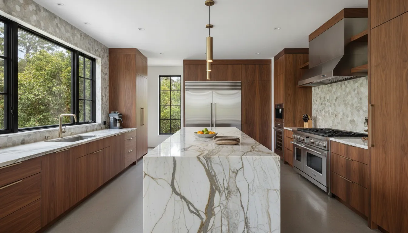 Luxury modern kitchen with marble countertops, custom wood cabinetry, and premium appliances