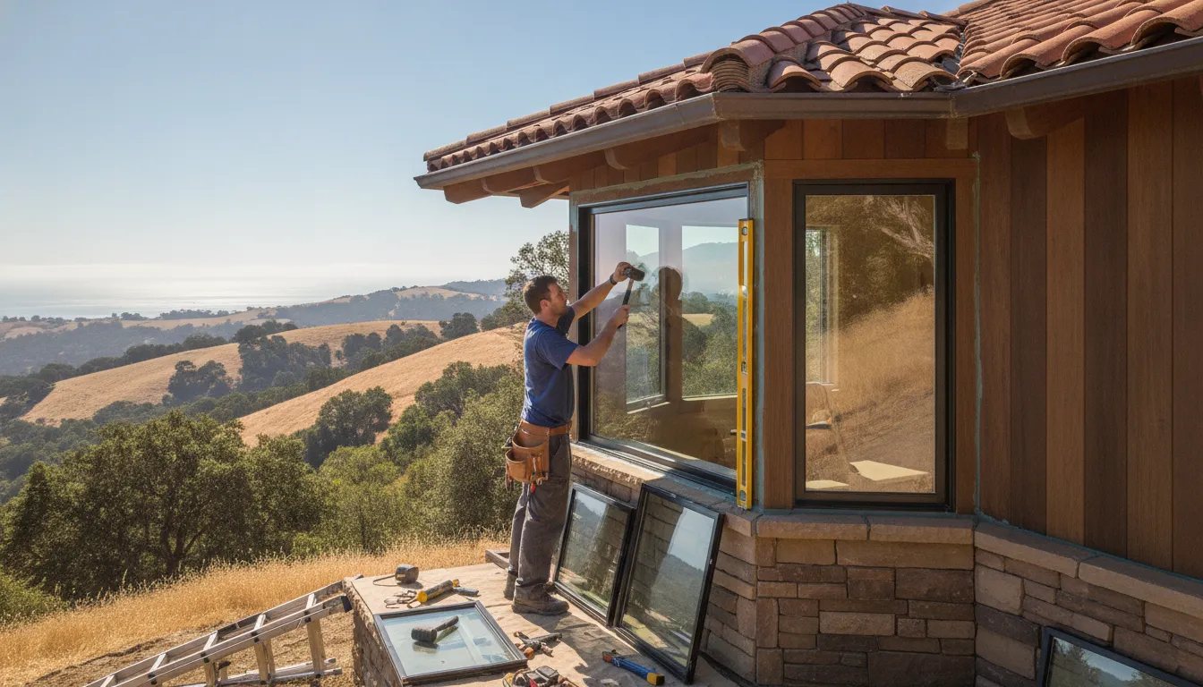 Professional window installation on a Bay Area hillside home under sunny California sky