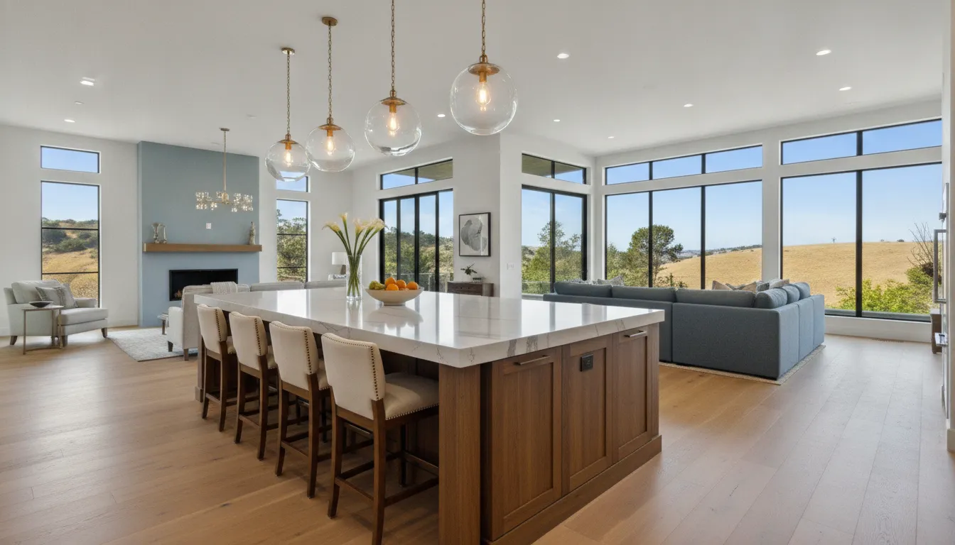 Luxury kitchen island with quartz countertops, pendant lighting, and bar seating in a modern Bay Area home